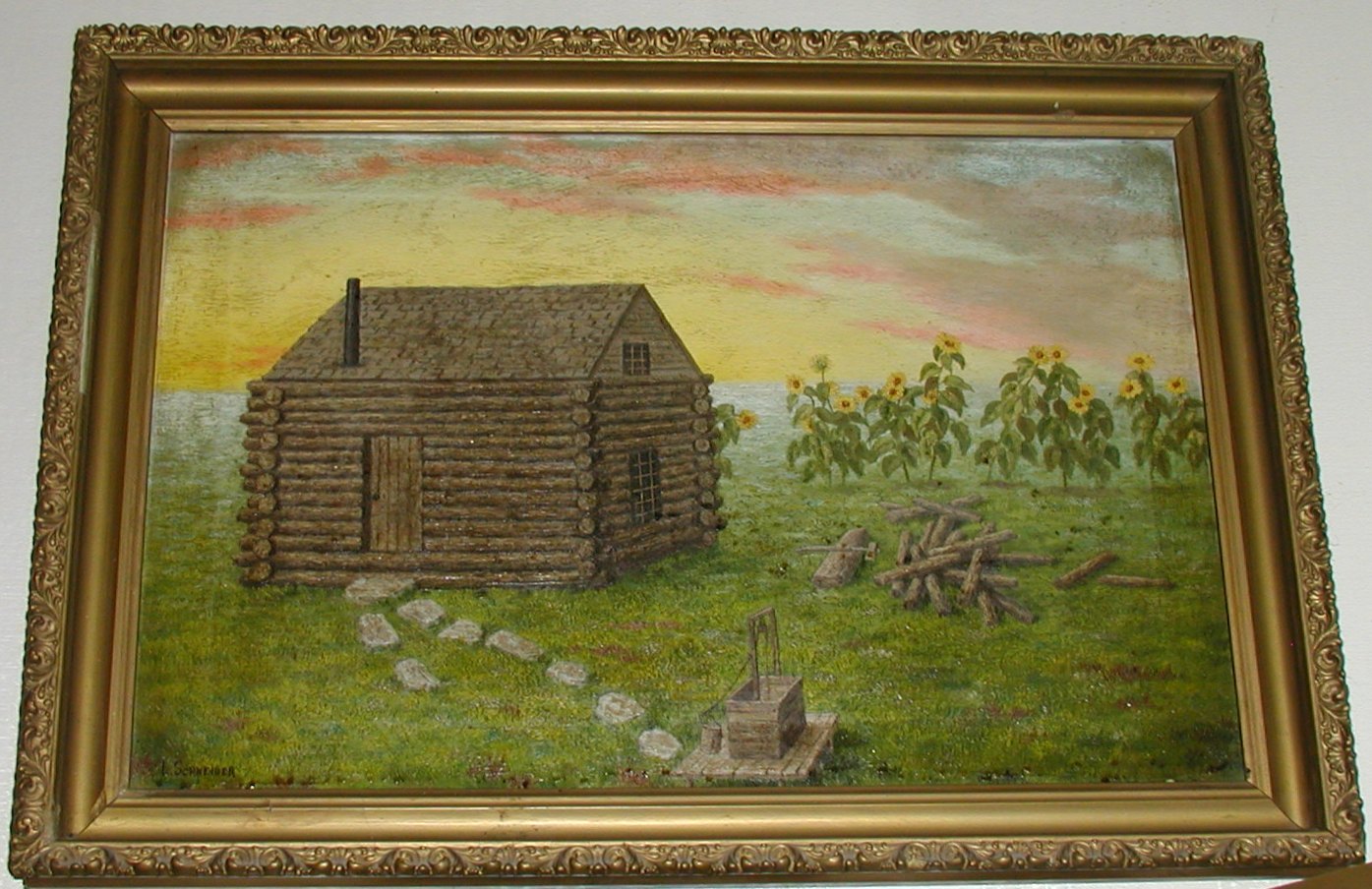 A painting of a log cabin in a frame Description automatically generated