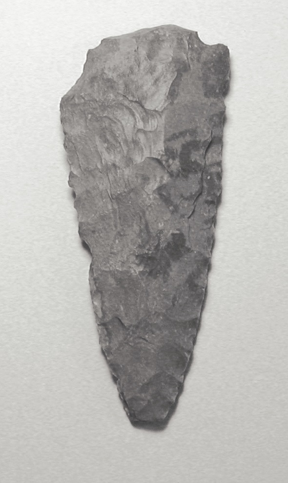 A stone arrowhead on a white background Description automatically generated